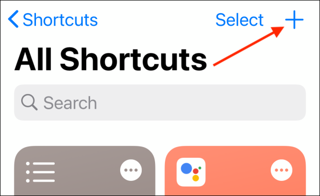 Toque no sinal de mais (+) para criar um novo atalho.
