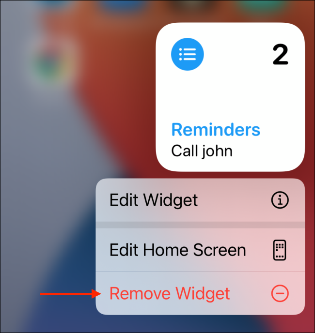 Toque em Remover widget nas opções do widget