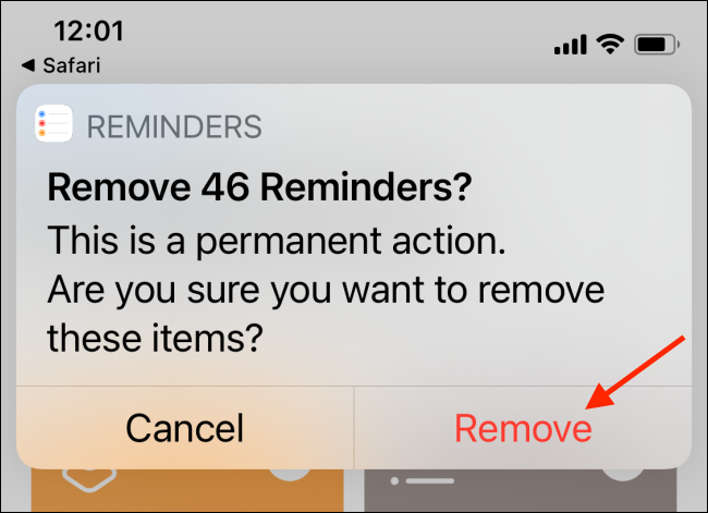Toque em "Remover" para excluir todos os seus lembretes concluídos.