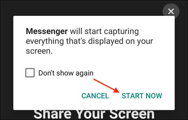 Toque em Iniciar agora no Messenger para Android