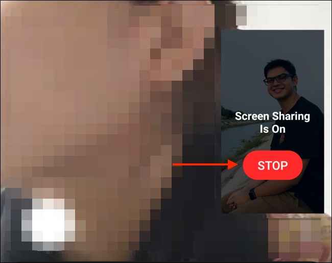 Toque em Parar para parar de compartilhar a tela no Android