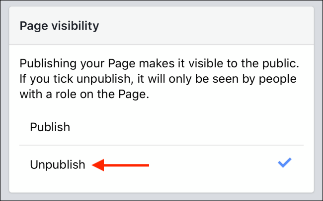 Toque no botão Cancelar publicação para ocultar sua página do Facebook