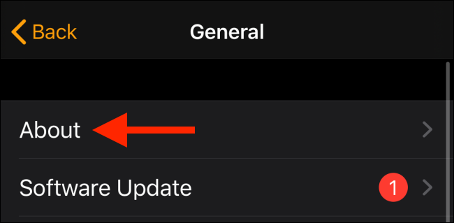 Toque em Sobre na seção Geral no aplicativo Watch