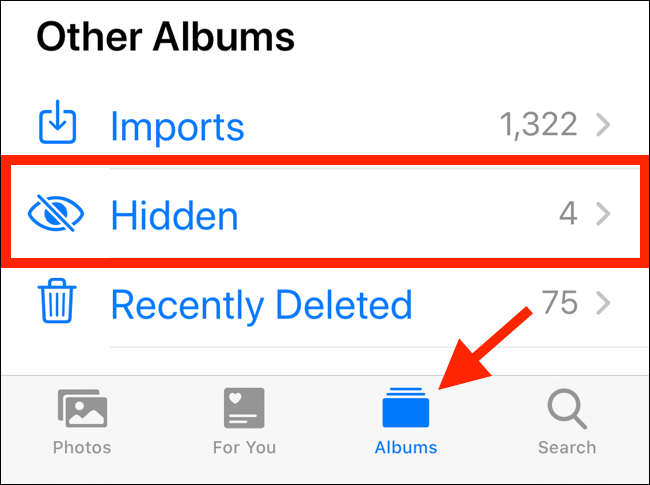 Toque em Álbuns e depois em Oculto para mostrar as fotos ocultas