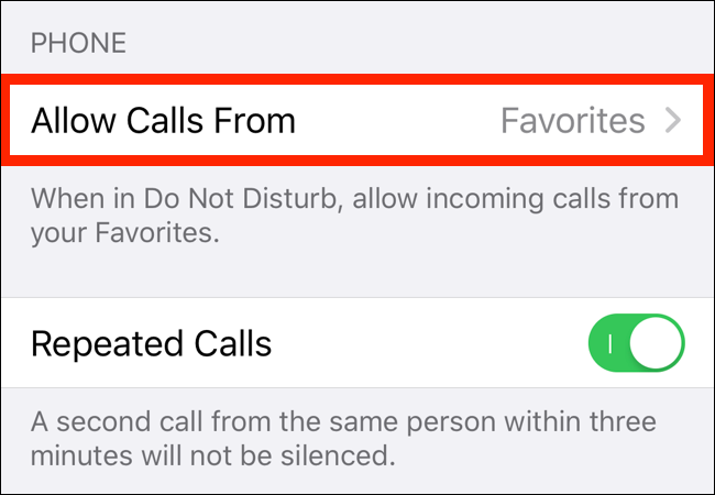 Toque na opção Permitir chamadas de na seção Não perturbe