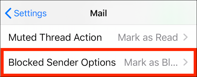 Toque em Opções de remetente bloqueado nas configurações de e-mail