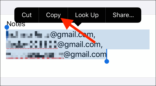 Toque em Copiar para copiar todos os endereços de e-mail