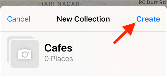 Toque em "Criar" depois de nomear sua coleção.