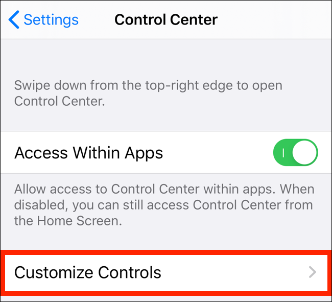 Toque em Personalizar controles no aplicativo Configurações