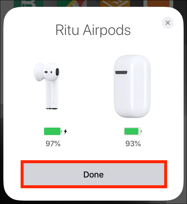 Toque no botão Concluído no pop-up para conectar segundos AirPods