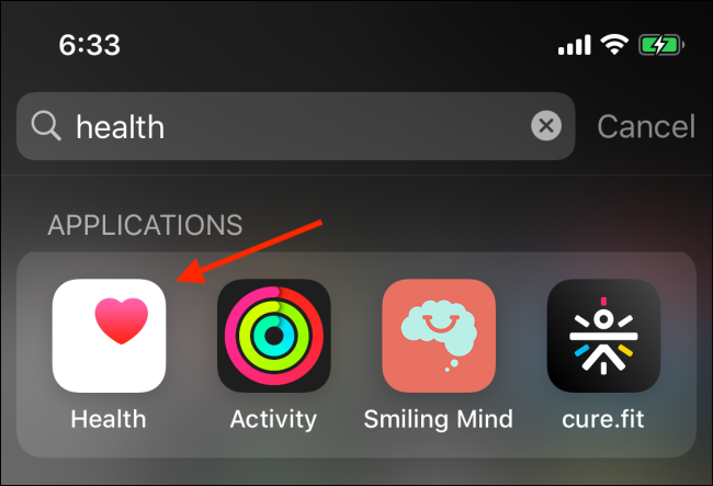 Toque no aplicativo Saúde para abri-lo a partir da pesquisa Spotlight no iPhone.