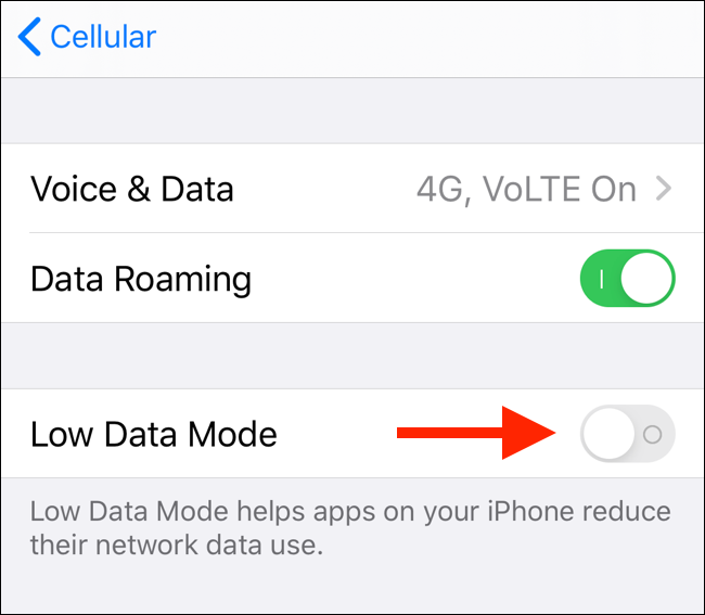 Toque no botão do modo Low Data para ativar o modo Low Data