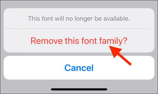 Toque em Remover esta opção de família de fontes