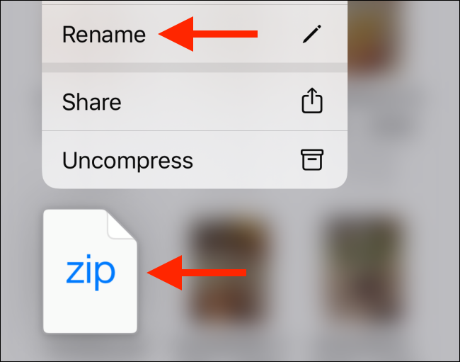 Toque na opção Renomear do arquivo zip