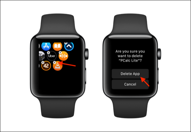 Toque no botão X e depois no botão Excluir para excluir um aplicativo do Apple Watch