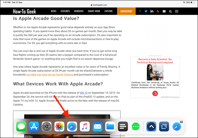 Toque no ícone do Safari no Dock para abrir o Safari App Expose