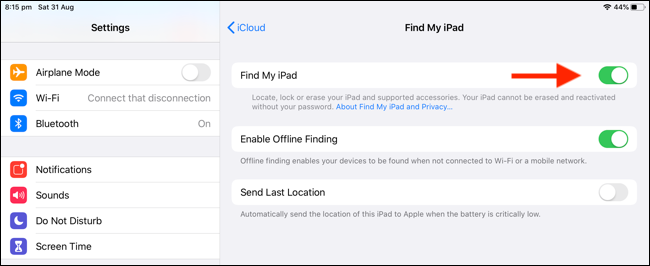 Toque no botão de alternância ao lado de "Find My iPad" para ligá-lo ou desligá-lo.
