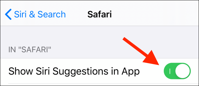 Toque em alternar ao lado de Mostrar sugestões do Siri no aplicativo