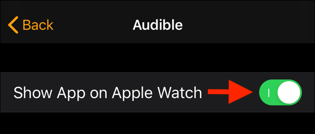 Toque em alternar para desativar o aplicativo de aparecer no Apple Watch