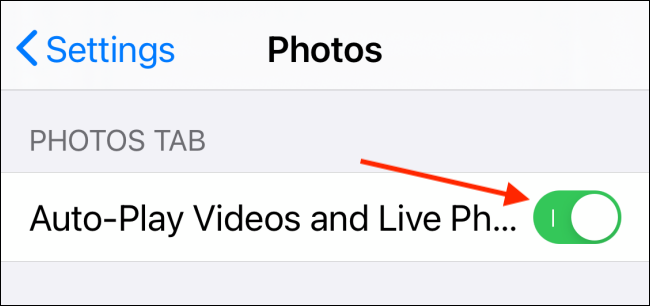 Toque em alternar próximo a Reprodução automática de vídeos e fotos ao vivo no iPhone