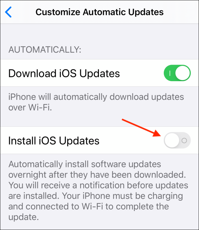 Toque em alternar ao lado de Instalar atualizações do iOS