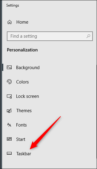 Opção da barra de tarefas no painel esquerdo do menu de configuração