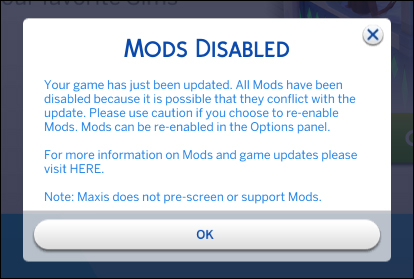 Mensagem "Mods desativados" do The Sims 4.