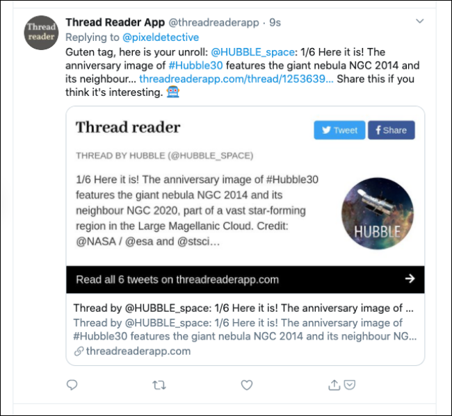 Resposta do aplicativo Thread Reader