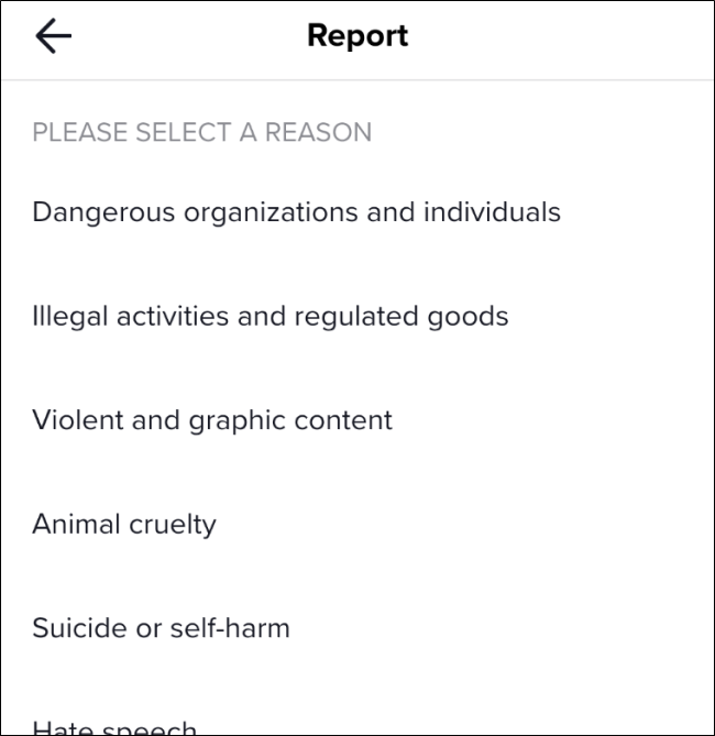 A lista de razões no menu "Relatório" do TikTok.