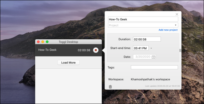 O "Toggl Desktop" em um Mac.