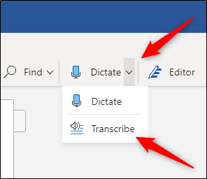 Opção de transcrever em Ditar