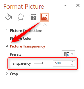 Clique na seta ao lado de “Transparência da imagem” e, em seguida, clique e arraste o controle deslizante “Transparência”.