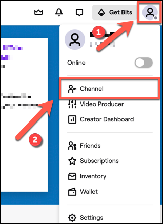 Para acessar o seu canal Twitch, toque no ícone do canal no canto superior direito.  No menu suspenso, clique na opção "Canal".