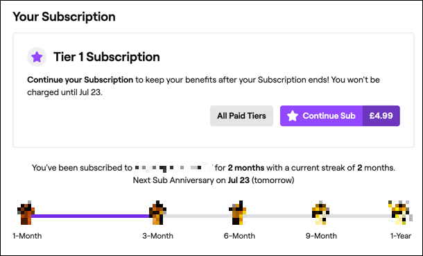 Uma assinatura ativa de um canal Twitch, mostrado no site Twitch.