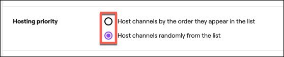 Selecione as configurações de prioridade do host automático do Twitch na seção "Prioridade de hospedagem".
