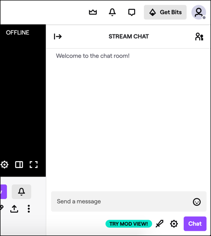 Um exemplo de sala de chat do Twitch para um canal no site do Twitch