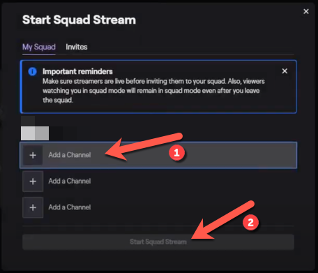 Clique em "Adicionar um canal" para convidar outros streamers do Twitch para o stream do esquadrão Twitch.  Quando estiver pronto para começar a transmissão, clique no botão "Iniciar transmissão do esquadrão".