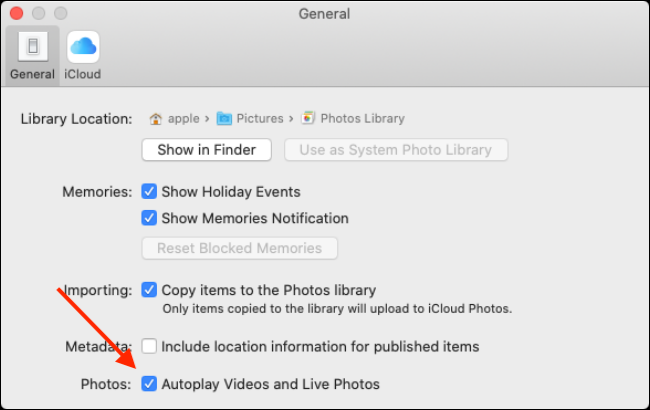 Desmarque a opção Reprodução automática de vídeos e fotos ao vivo no aplicativo Fotos