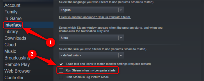 Desmarque Executar o Steam quando meu computador iniciar