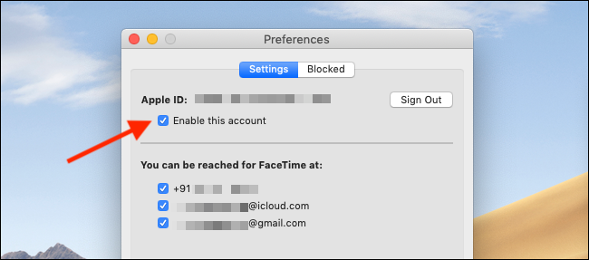Desmarque o botão Ativar esta conta nas Preferências do FaceTime para desativar o FaceTime em um Mac