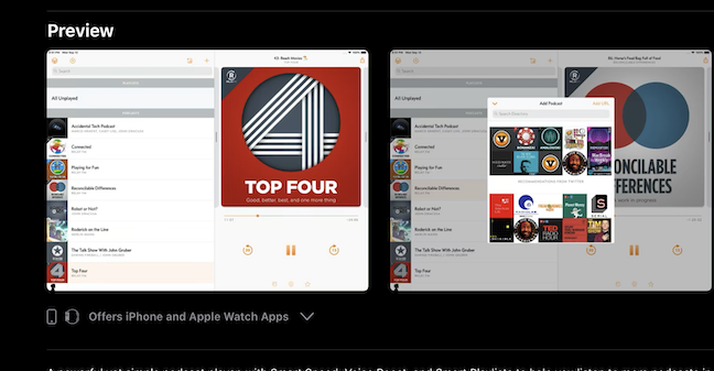 Captura de tela do Overcast iPad App Store