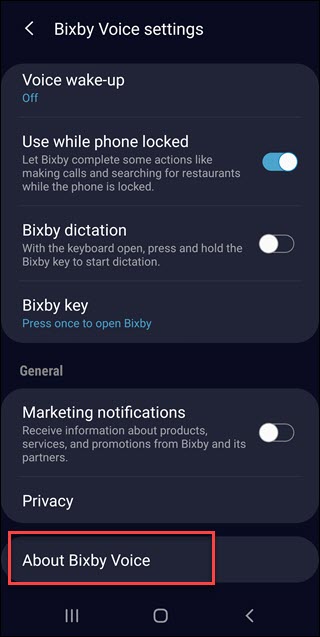 Menu de configurações Bixby com chamada "Sobre a voz Bixby".