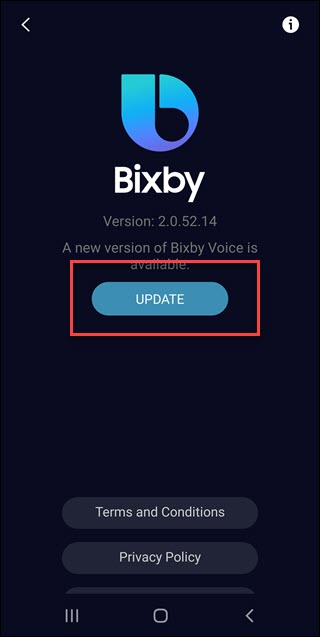 Bixby sobre diálogo com chamada de botão de atualização.