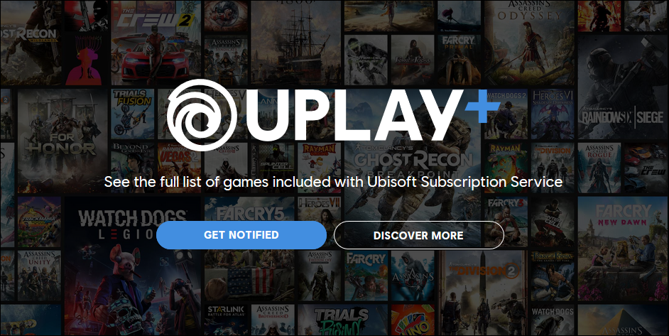 Logotipo do Uplay Plus em um fundo de várias imagens de capa de videogame.