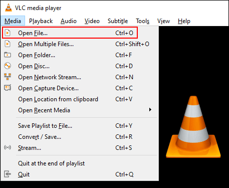 No VLC, clique em Mídia e em Abrir arquivo para abrir seu arquivo de mídia