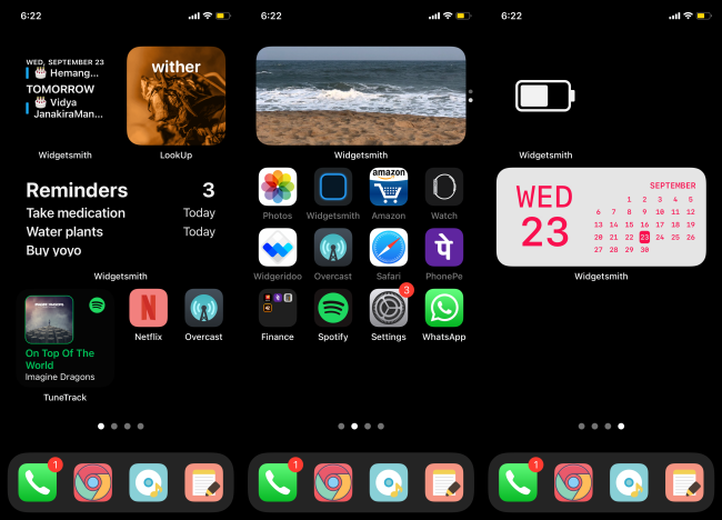 Vários widgets Widgetsmith na tela inicial do iPhone