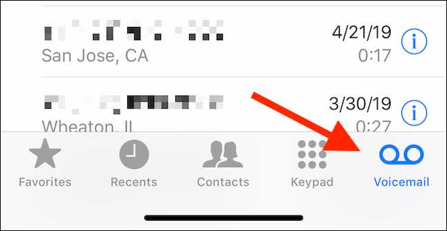 Toque na guia Correio de voz no aplicativo Telefone para ver os correios de voz