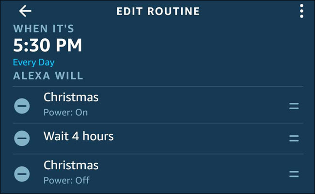O diálogo da rotina de Alexa com uma sequência de Natal ativado, espere 4 horas, Natal desativado.