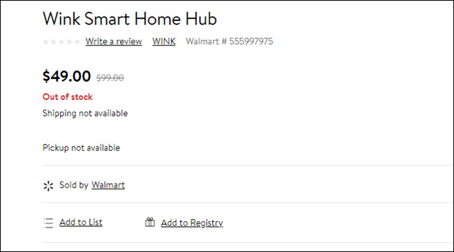 Listagem de Wall Mart Hume Hub mostrando como fora de estoque