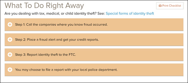 O que fazer imediatamente se você for vítima de uma lista de verificação de roubo de identidade no site da FTC.